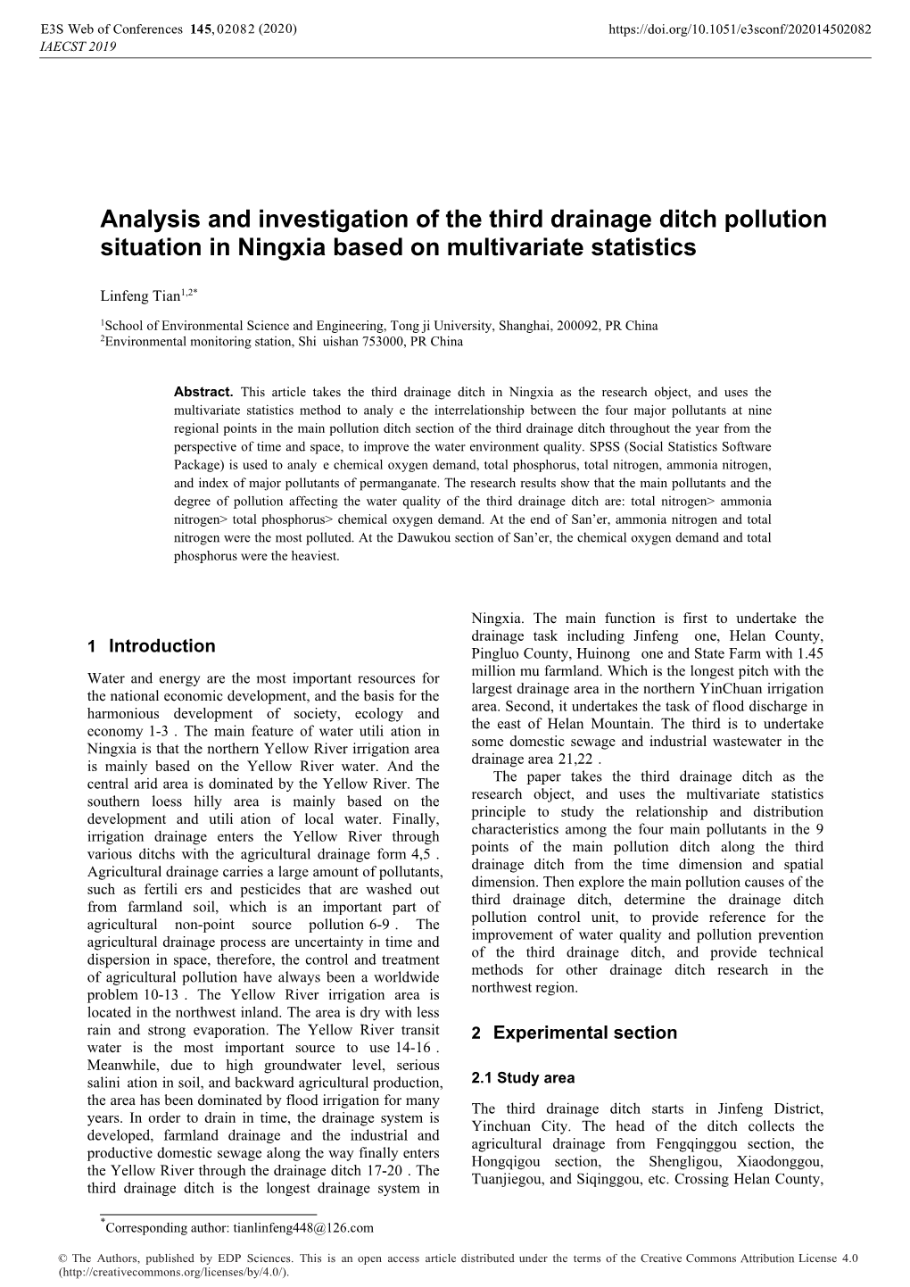 Analysis and Investigation of the Third Drainage Ditch Pollution Situation in Ningxia Based on Multivariate Statistics