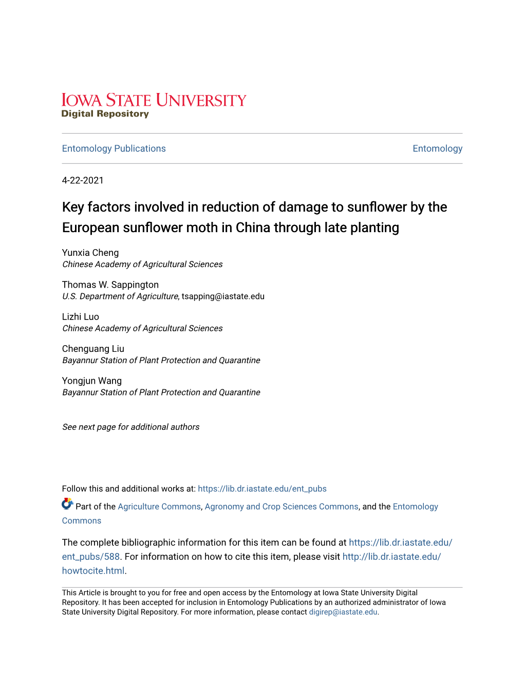 Key Factors Involved in Reduction of Damage to Sunflower by the European Sunflower Moth in China Through Late Planting