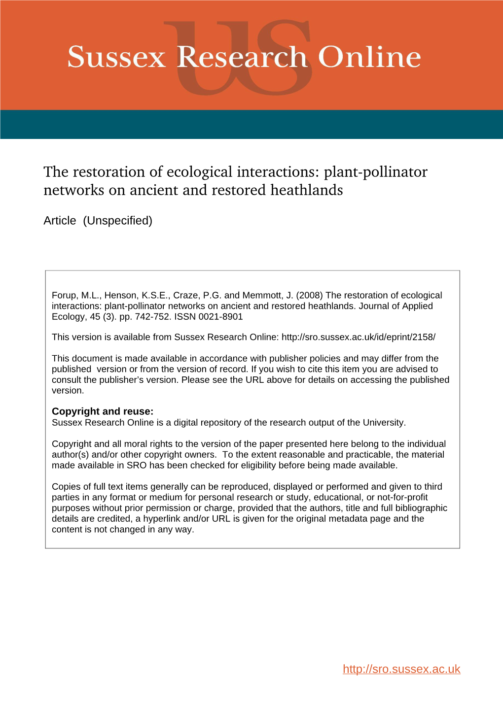 Plant–Pollinator Networks on Ancient and Restored Heathlands