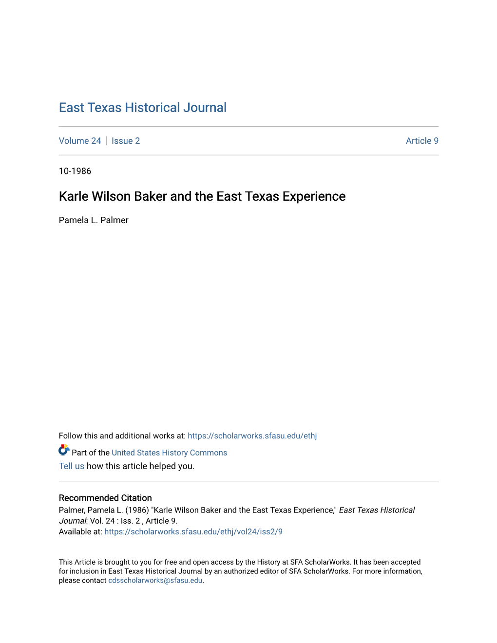 Karle Wilson Baker and the East Texas Experience