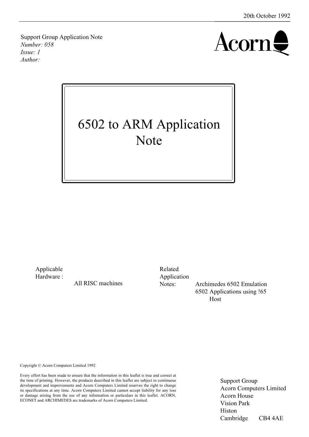 6502 to ARM Application Note