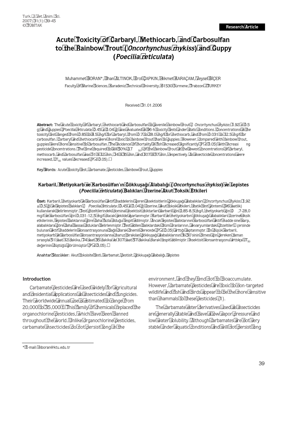 Acute Toxicity of Carbaryl, Methiocarb, And