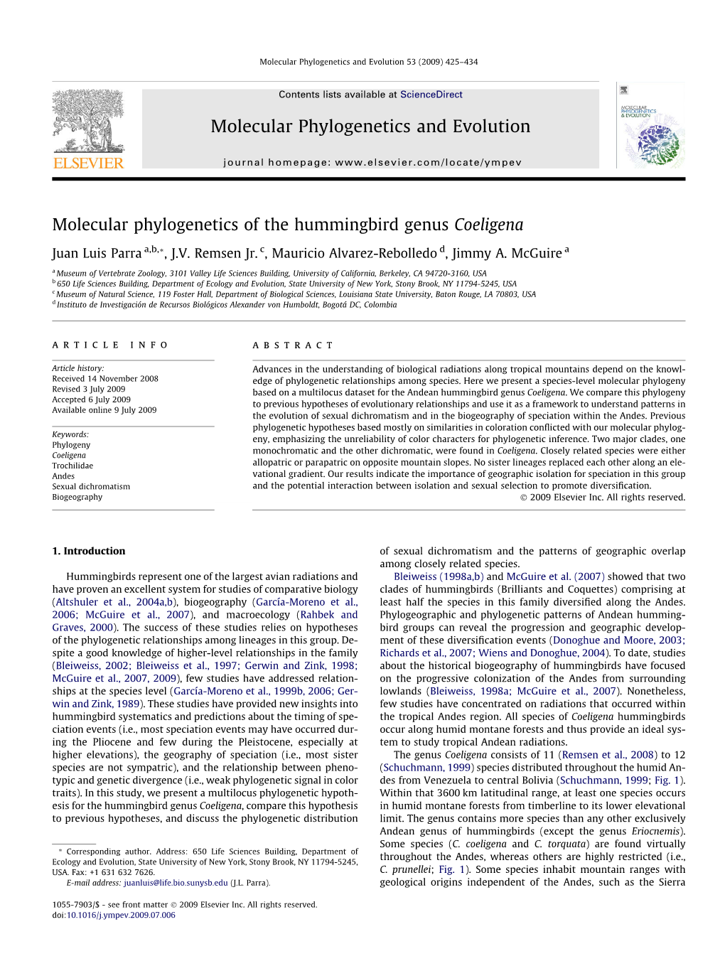 Molecular Phylogenetics of the Hummingbird Genus Coeligena