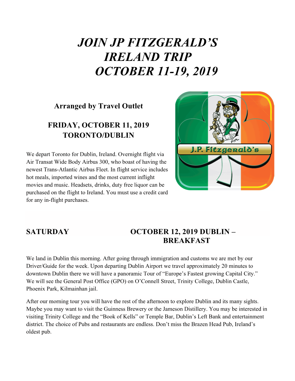 Join Jp Fitzgerald's Ireland Trip October 11-19, 2019