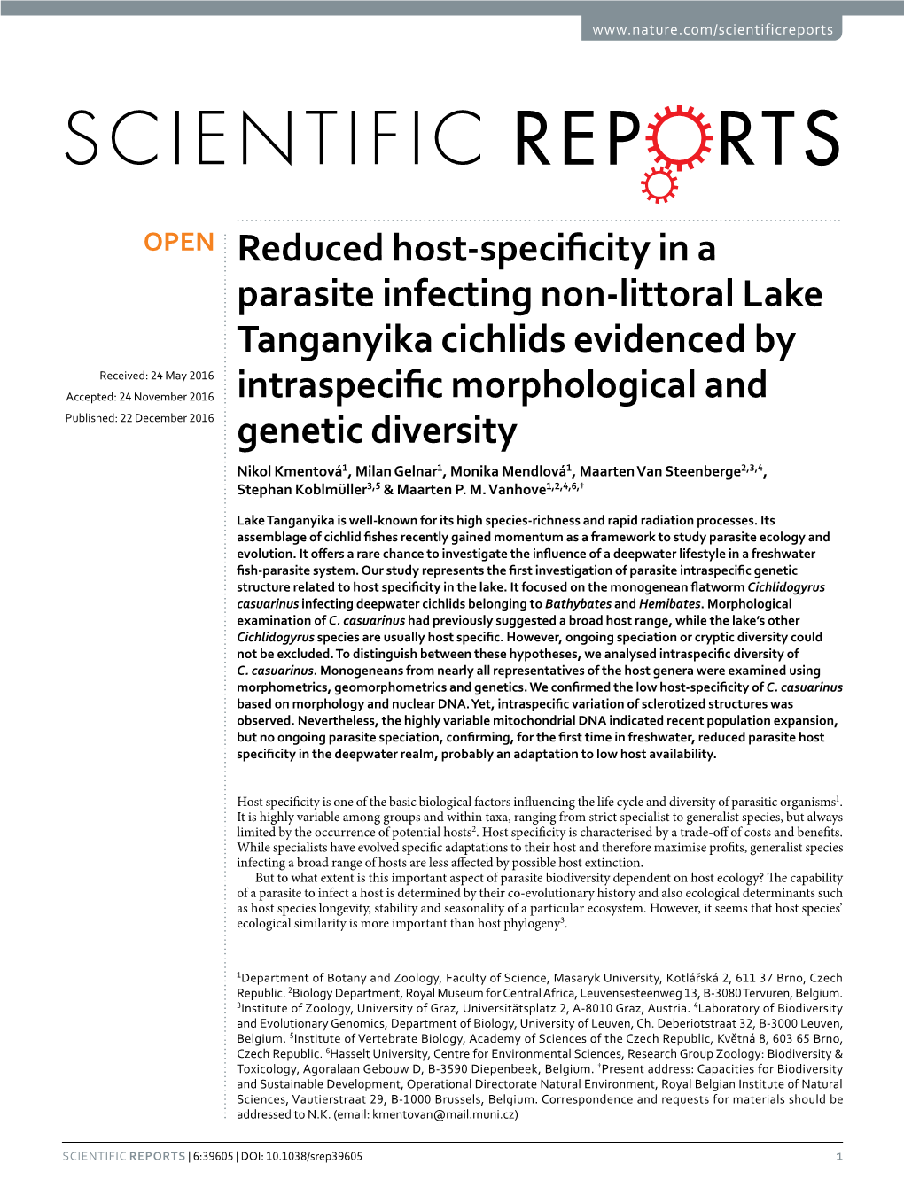 Reduced Host-Specificity in a Parasite Infecting Non-Littoral Lake