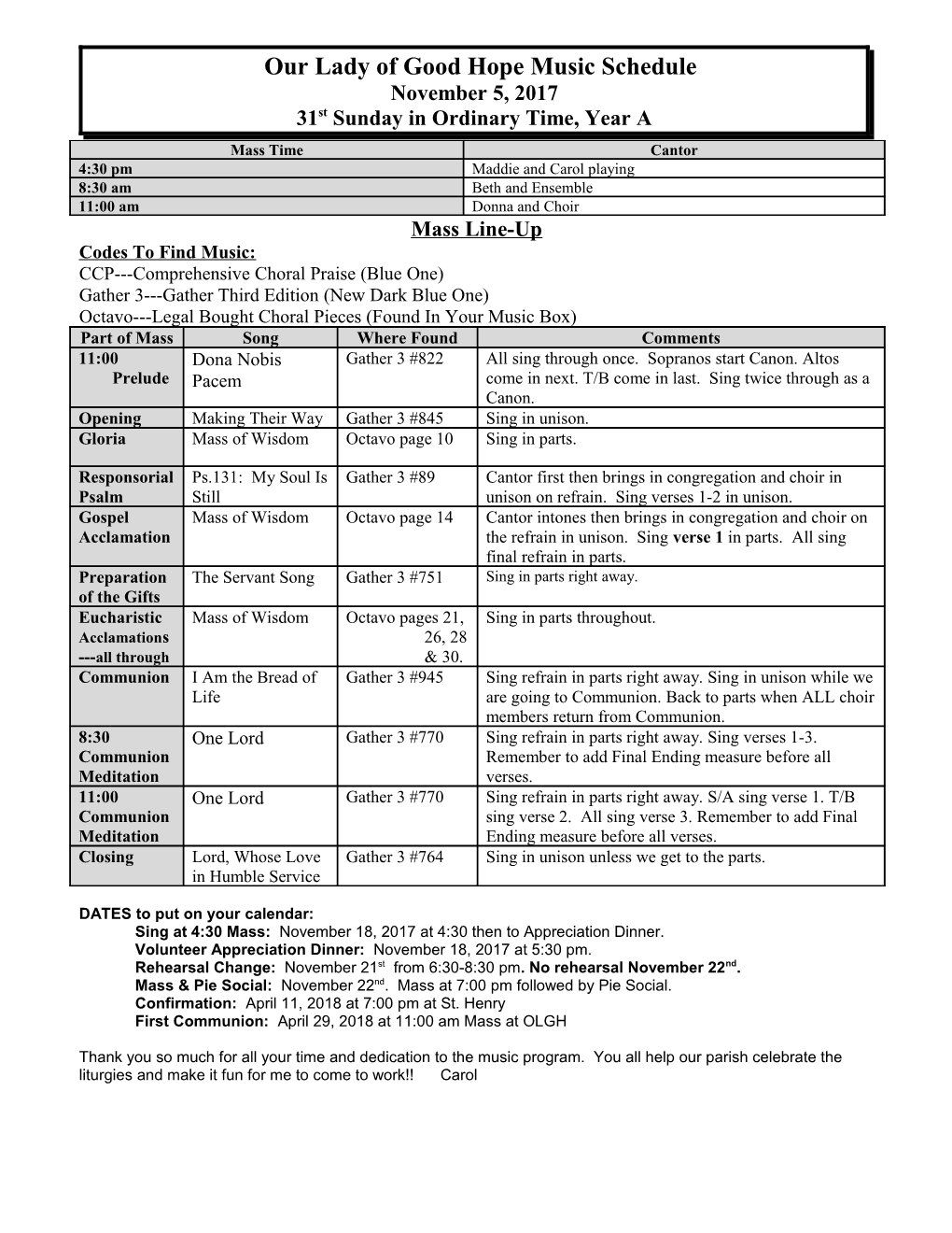 Our Lady of Good Hope Music Schedule s1