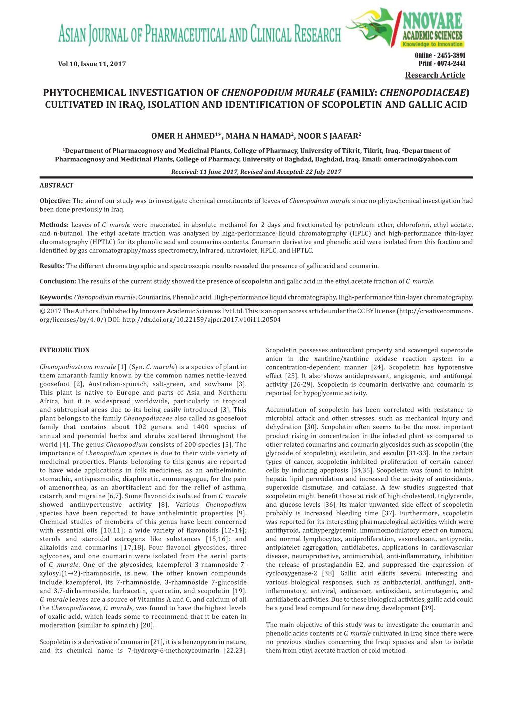 Phytochemical Investigation of Chenopodium Murale (Family: Chenopodiaceae) Cultivated in Iraq, Isolation and Identification of Scopoletin and Gallic Acid