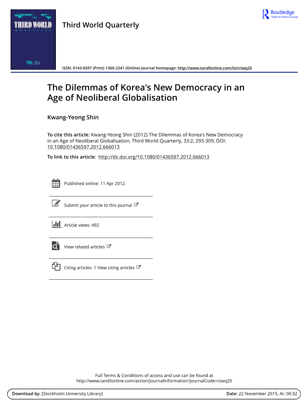 The Dilemmas of Korea's New Democracy in an Age of Neoliberal Globalisation