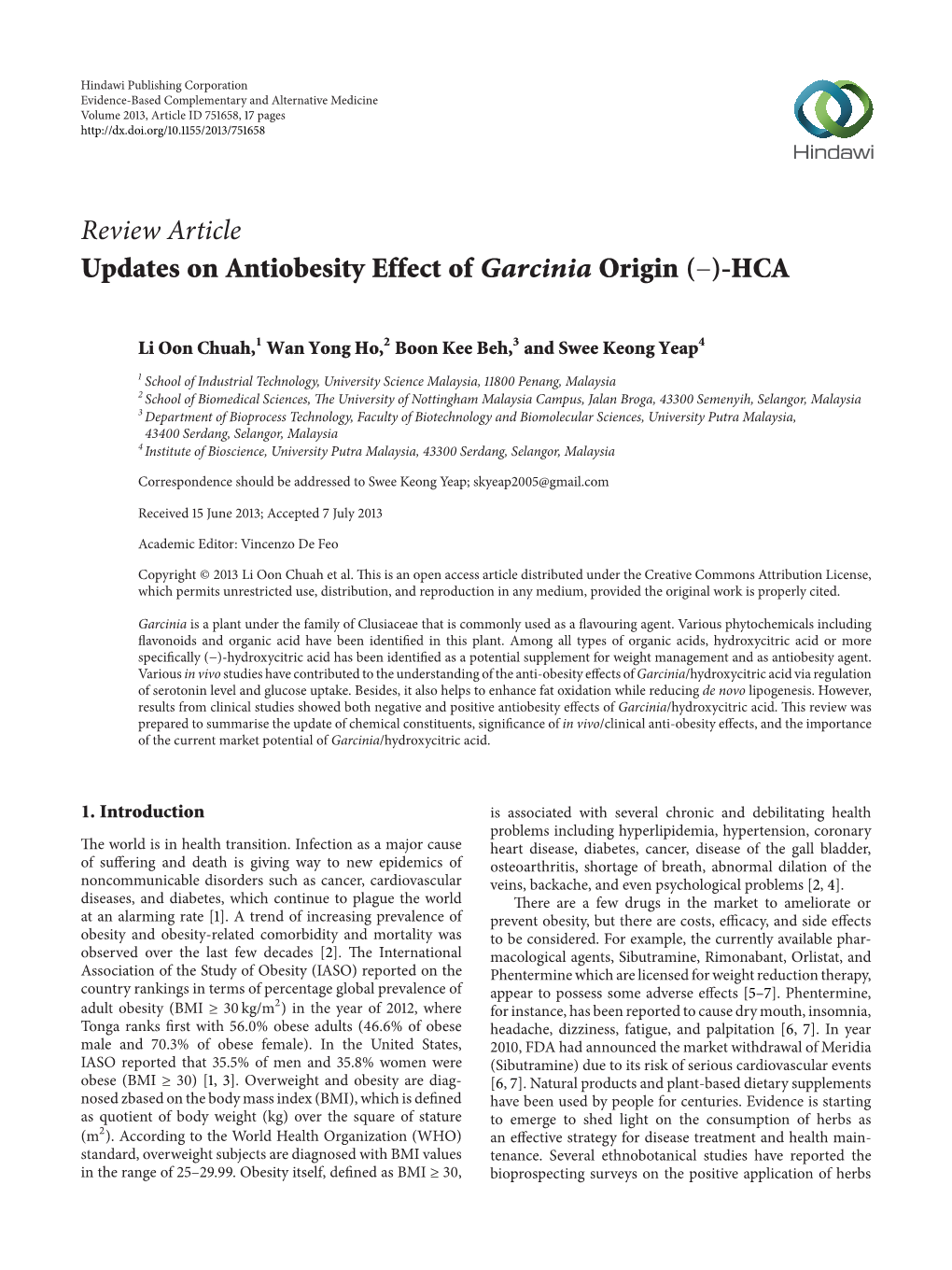 Review Article Updates on Antiobesity Effect of Garcinia Origin (−)-HCA