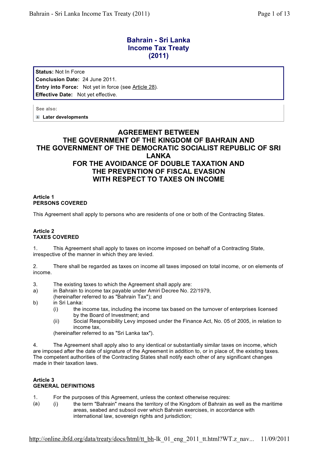 Bahrain - Sri Lanka Income Tax Treaty (2011) Page 1 of 13