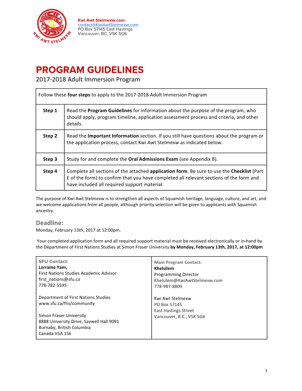 PROGRAM GUIDELINES 2017-2018 Adult Immersion Program