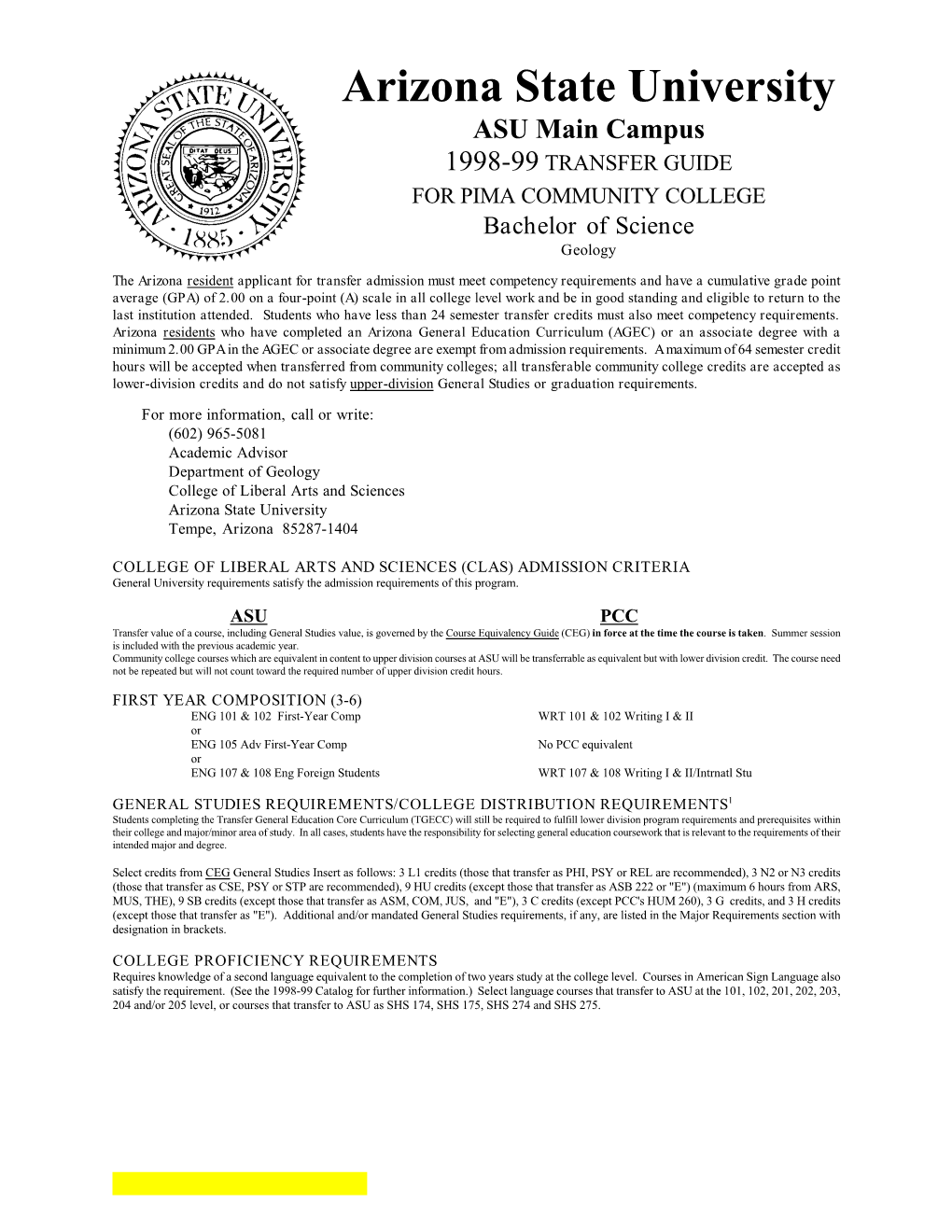 Geology Transfer Guides for Pima Community College