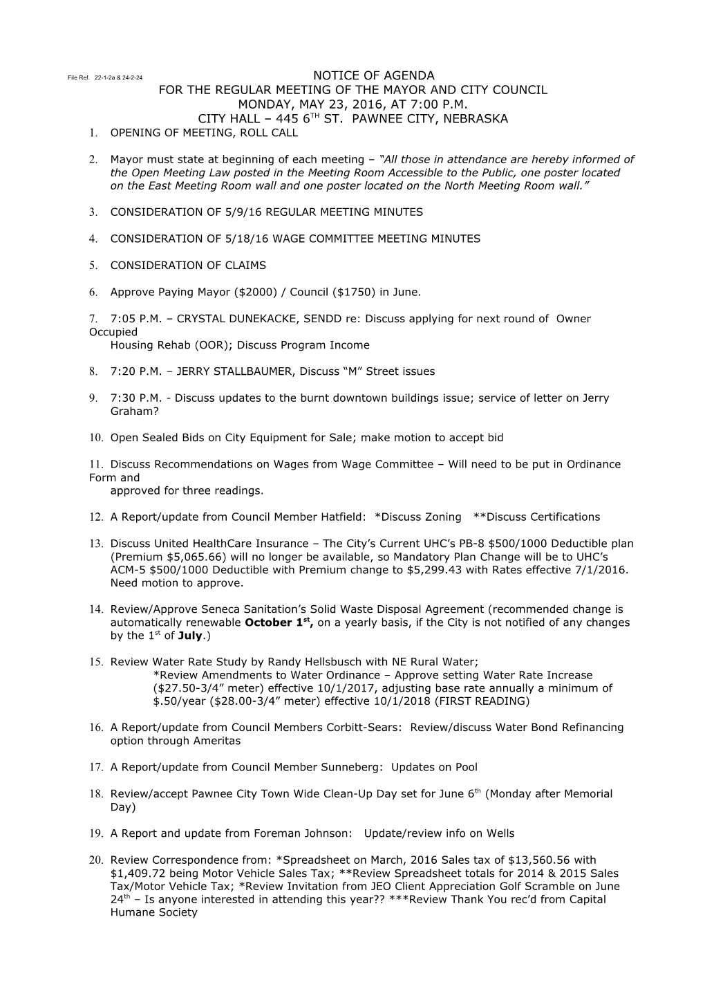 File Ref. 22-1-2A & 24-2-24 NOTICE of AGENDA