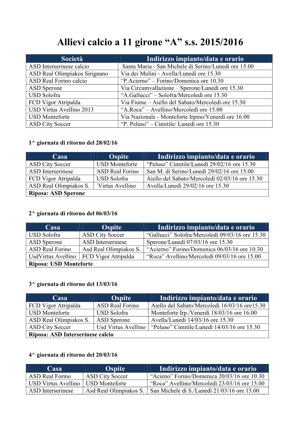 Allievi Calcio a 11 Girone “A” S.S. 2015/2016
