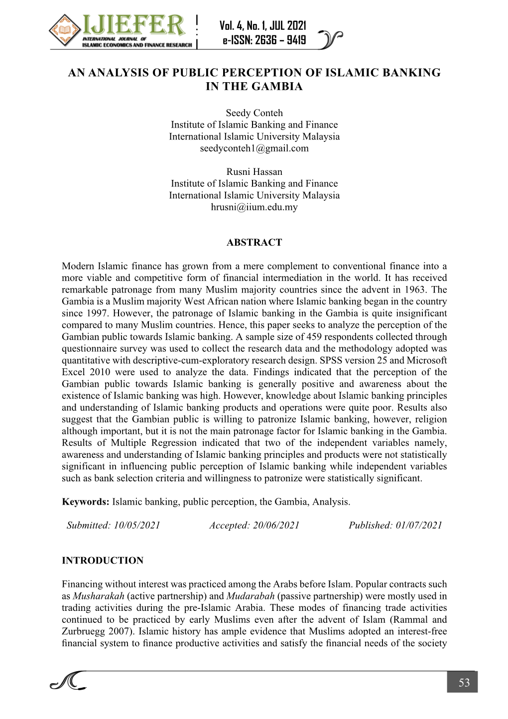 53 Vol. 4, No. 1, JUL 2021 E-ISSN: 2636 – 9419 AN