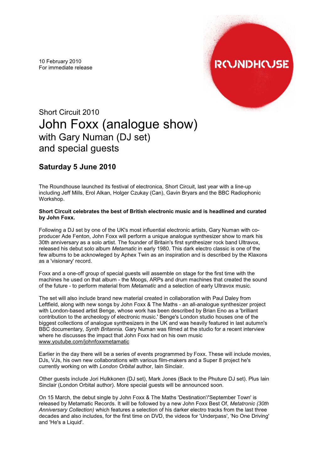 John Foxx (Analogue Show) with Gary Numan (DJ Set) and Special Guests