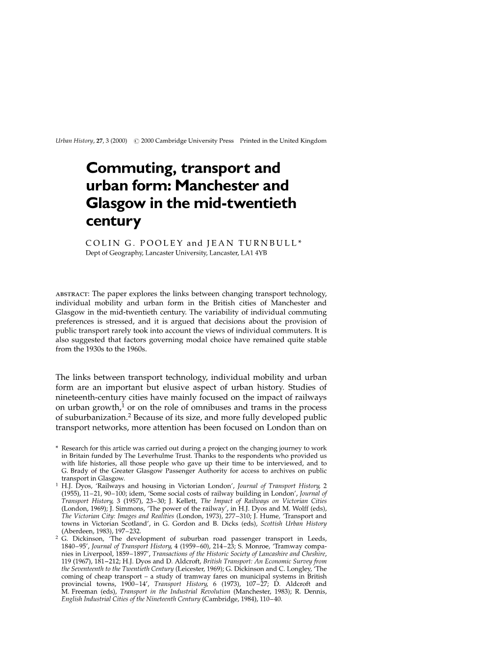 Commuting, Transport and Urban Form: Manchester and Glasgow in the Mid-Twentieth Century