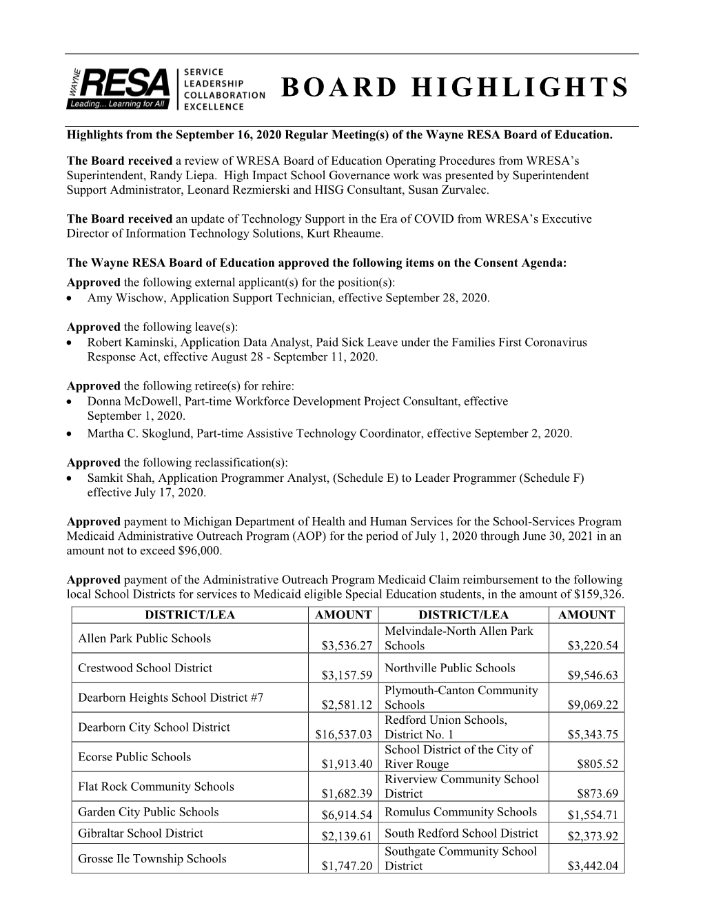 September 16, 2020 Regular Meeting(S) of the Wayne RESA Board of Education