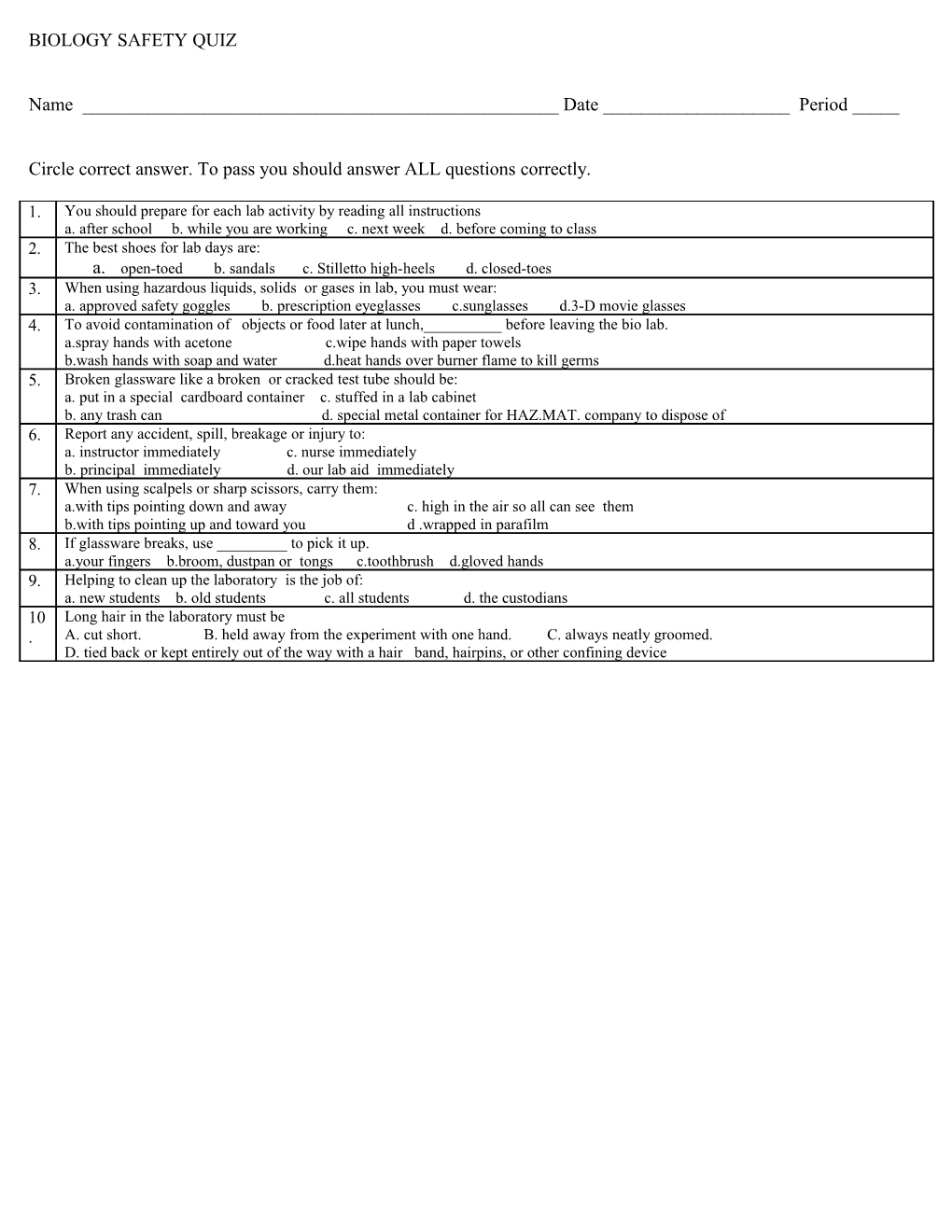 Biology Safety Quiz