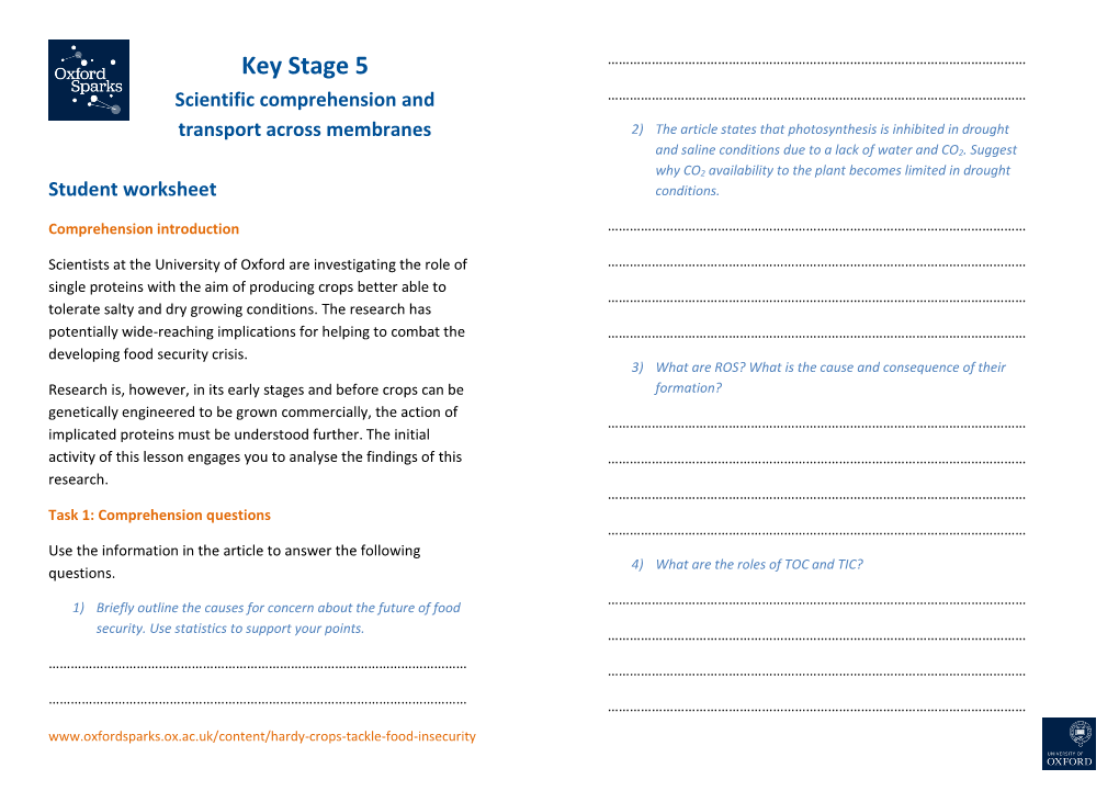 Key Stage 5 Scientific Comprehension and Transport