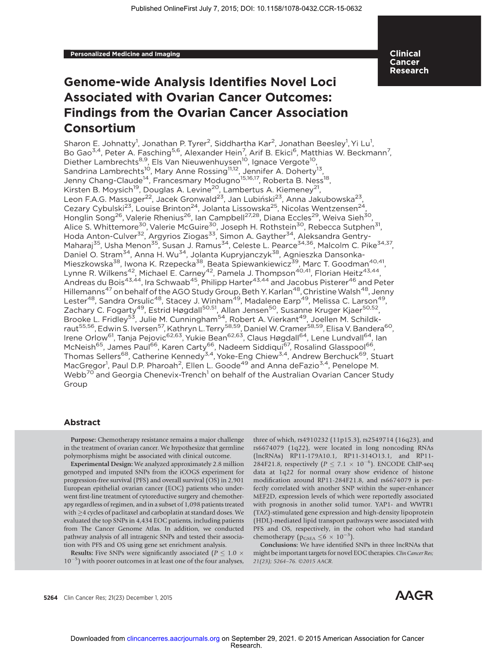 Genome-Wide Analysis Identifies Novel Loci Associated with Ovarian Cancer Outcomes: Findings from the Ovarian Cancer Association Consortium