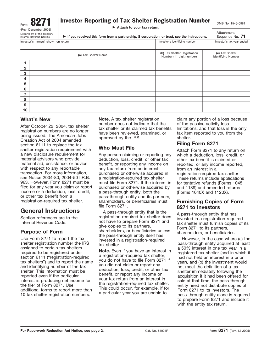 Form 8271 Investor Reporting of Tax Shelter