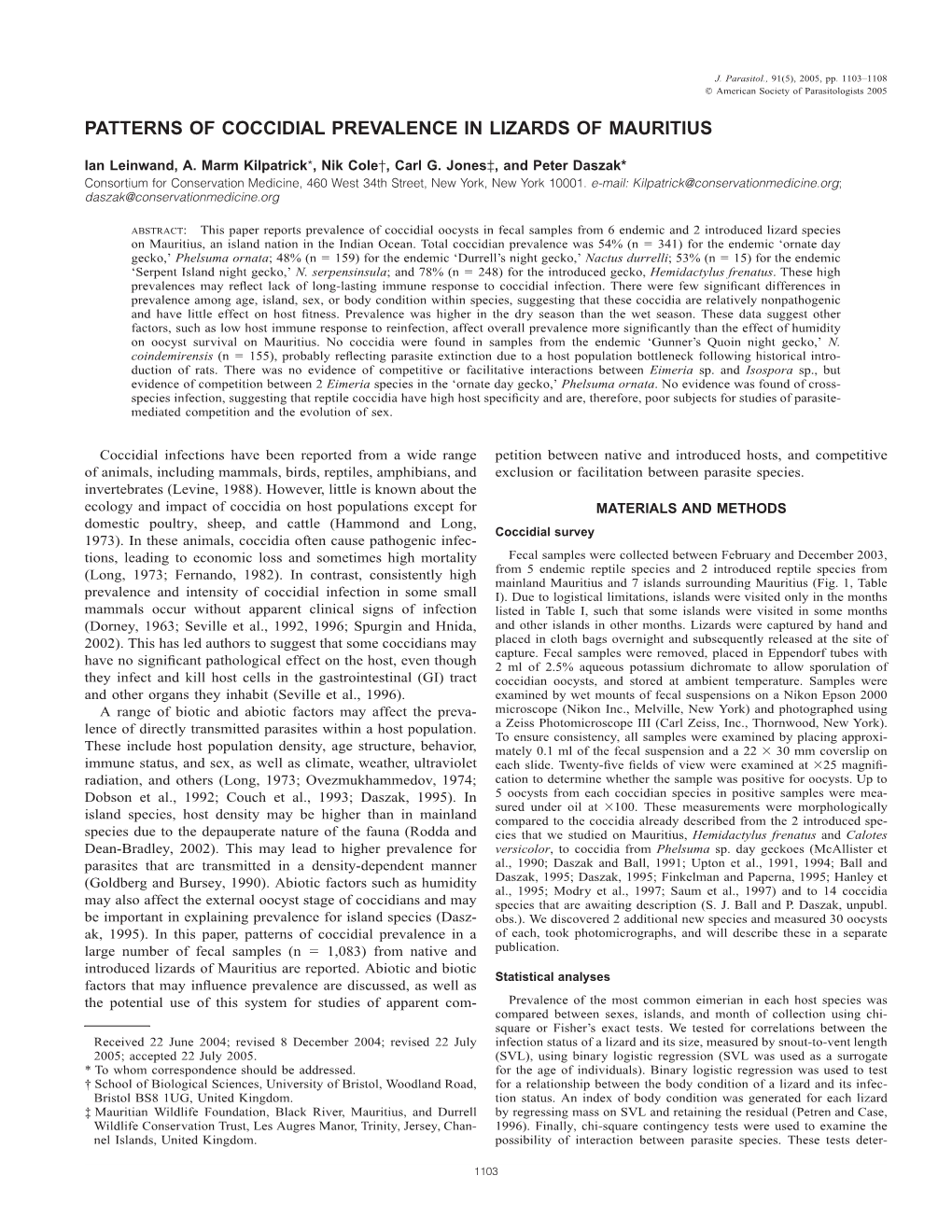 Patterns of Coccidial Prevalence in Lizards of Mauritius