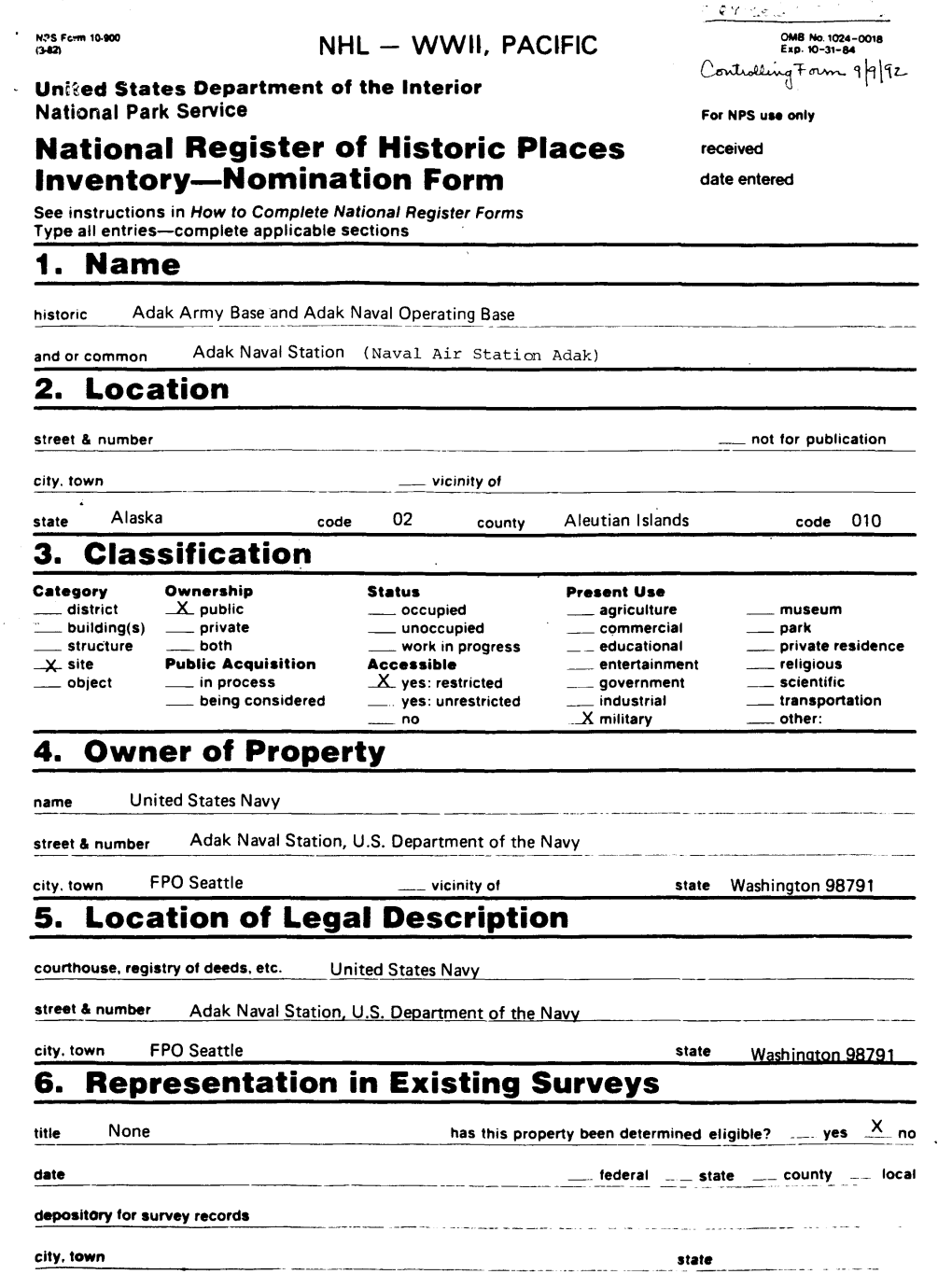 National Register Off Historic Places Inventory — Nomination Form