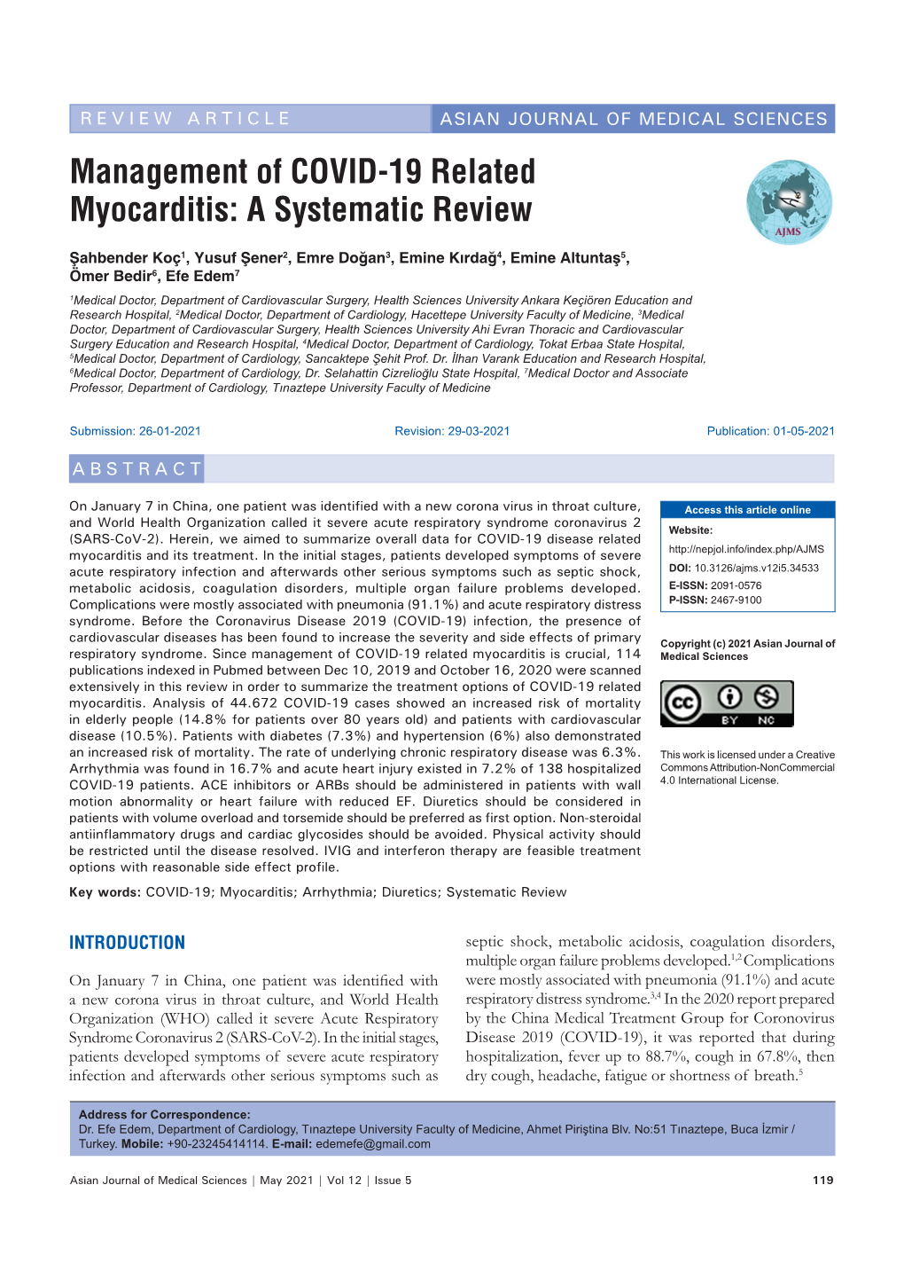 Management of COVID-19 Related Myocarditis: a Systematic Review