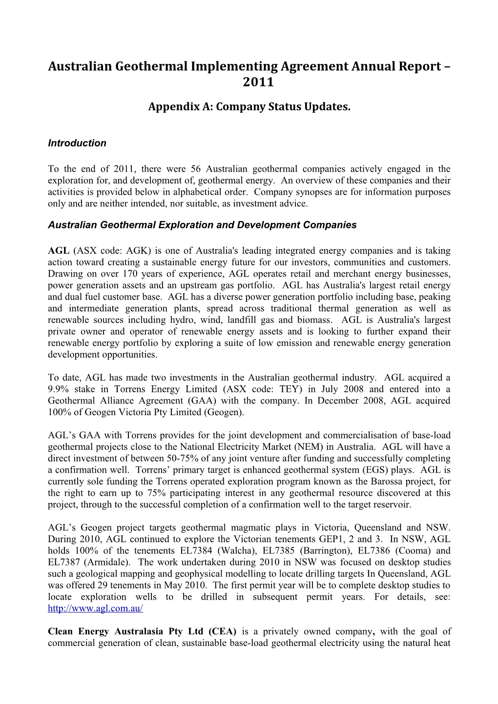 Enclosure 1 - Australian Geothermal Licence Holders (Alphabetical Order)