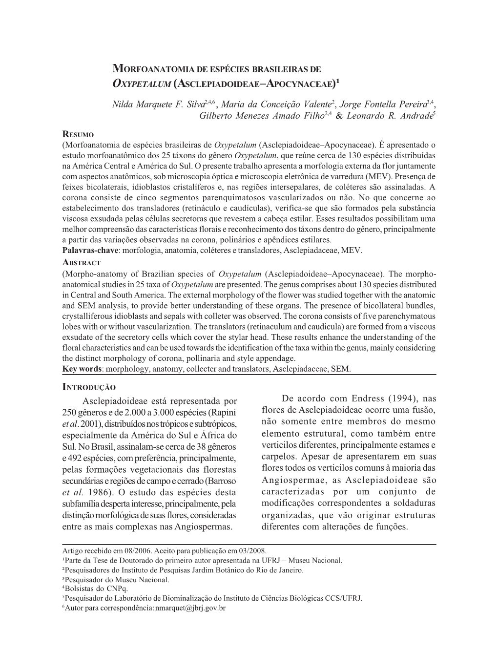 Morfoanatomia De Espécies Brasileiras De Oxypetalum (Asclepiadoideae–Apocynaceae)¹