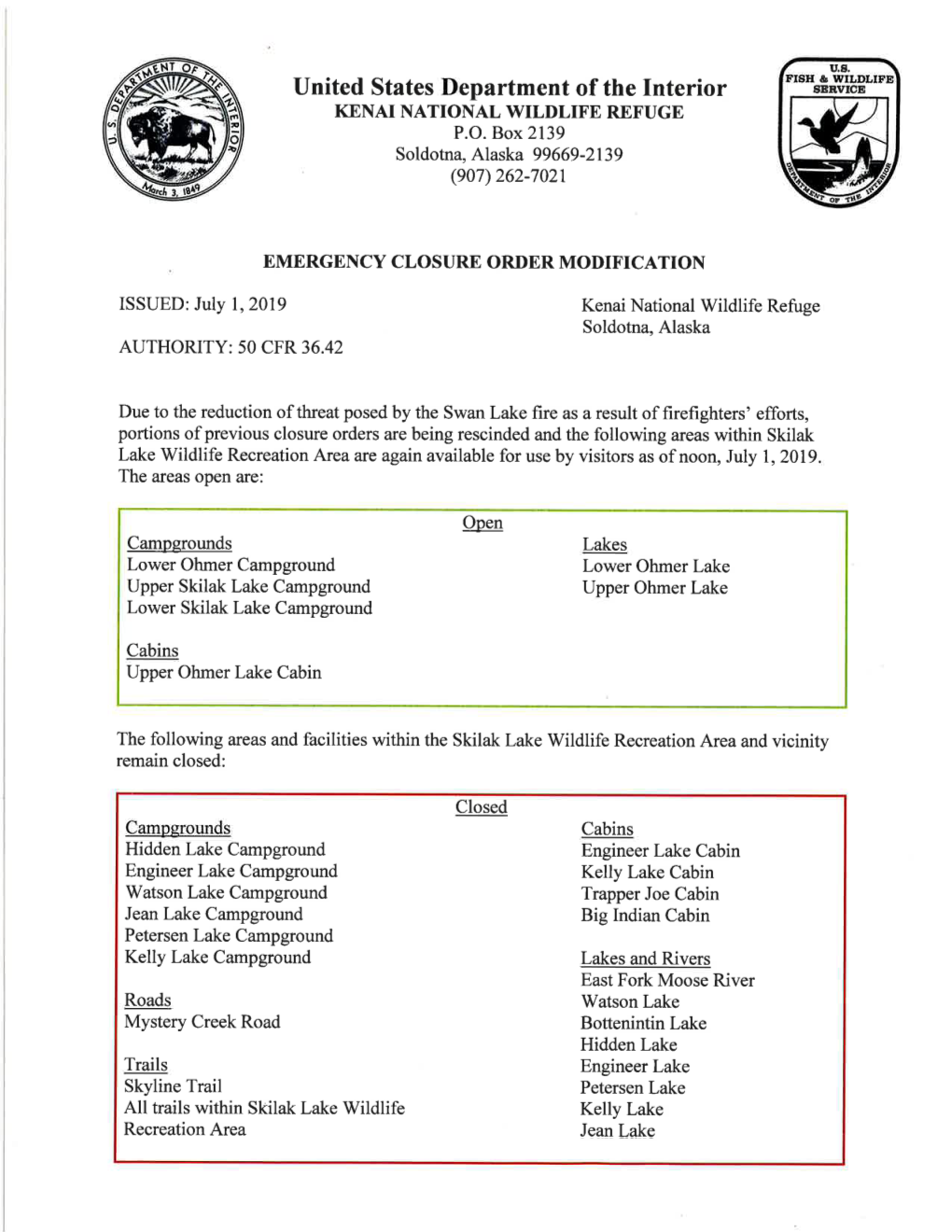 Skilak Wildlife Recreation Area & Vicinity Closures