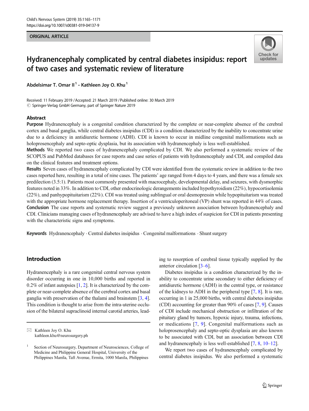 Hydranencephaly Complicated by Central Diabetes Insipidus: Report of Two Cases and Systematic Review of Literature