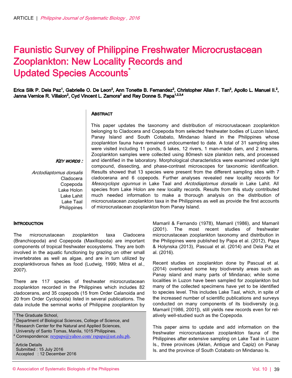 Faunistic Survey of Philippine Freshwater Microcrustacean Zooplankton: New Locality Records and Updated Species Accounts*