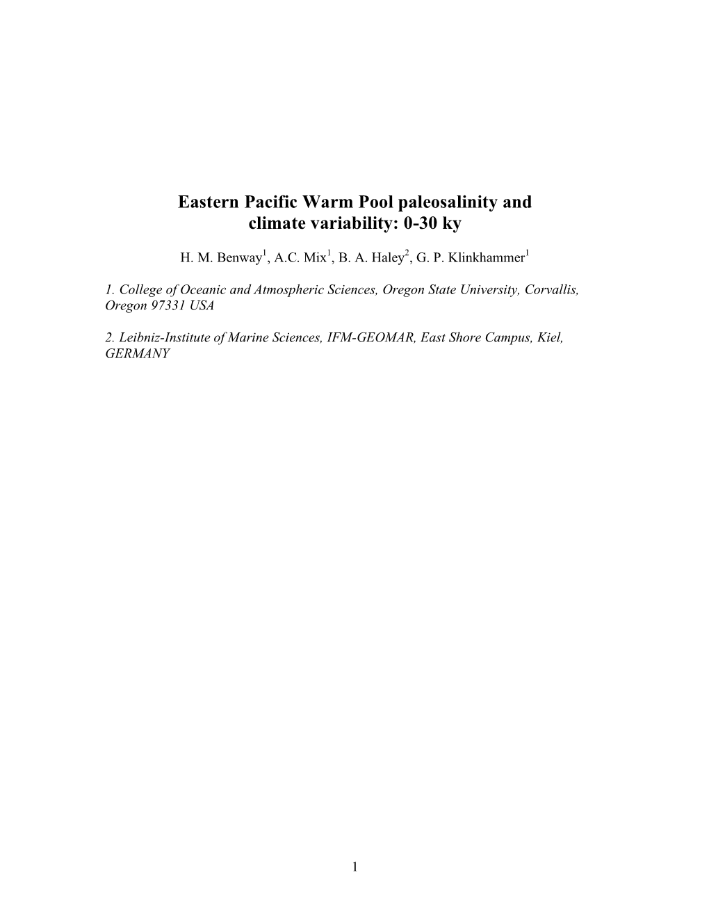 Eastern Pacific Warm Pool Paleosalinity and Climate Variability: 0-30 Ky