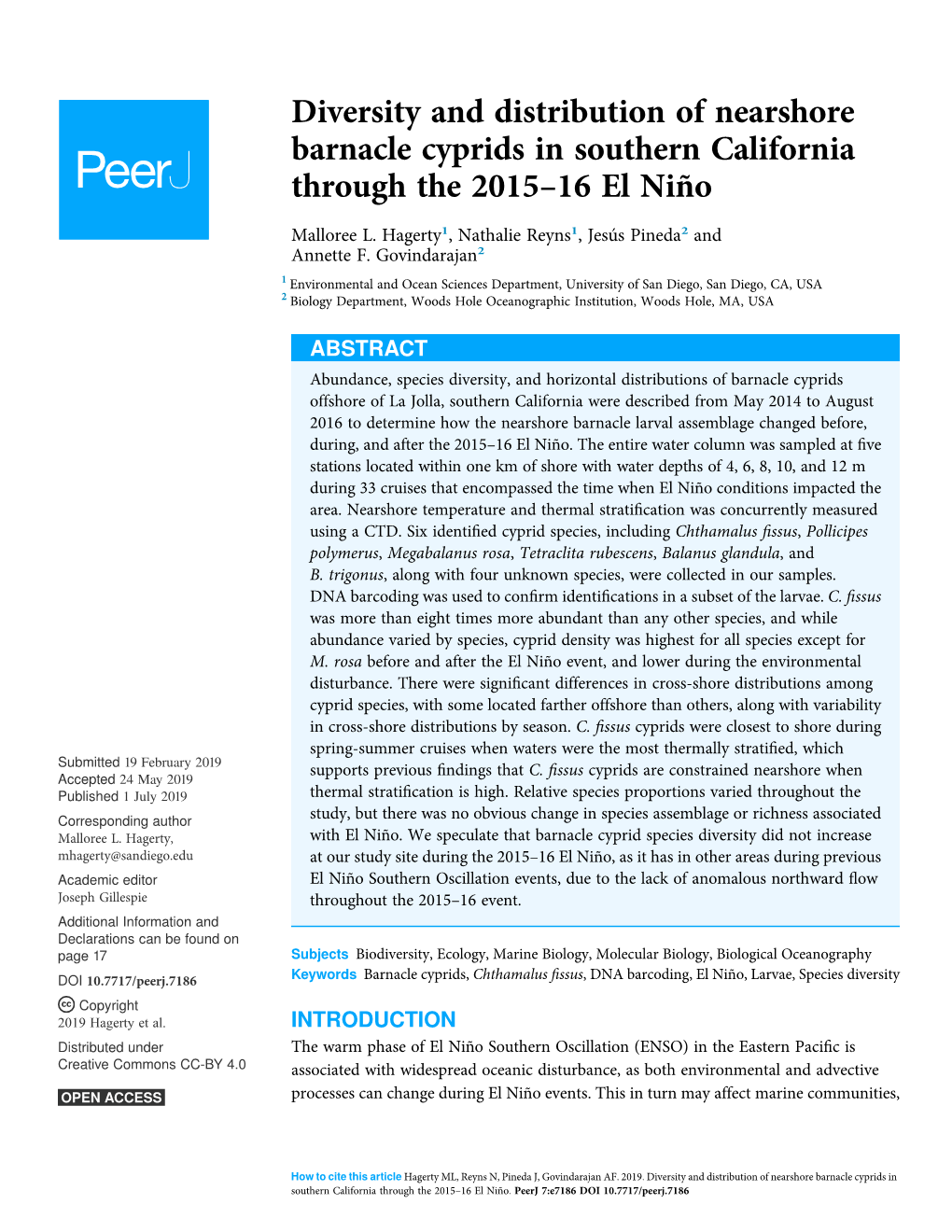 Diversity and Distribution of Nearshore Barnacle Cyprids in Southern California Through the 2015–16 El Niño