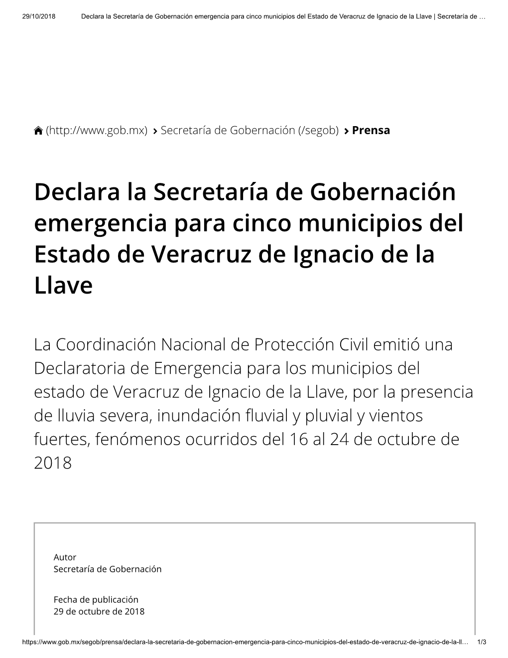 Declara La Secretaría De Gobernación Emergencia Para Cinco Municipios Del Estado De Veracruz De Ignacio De La Llave | Secretaría De …