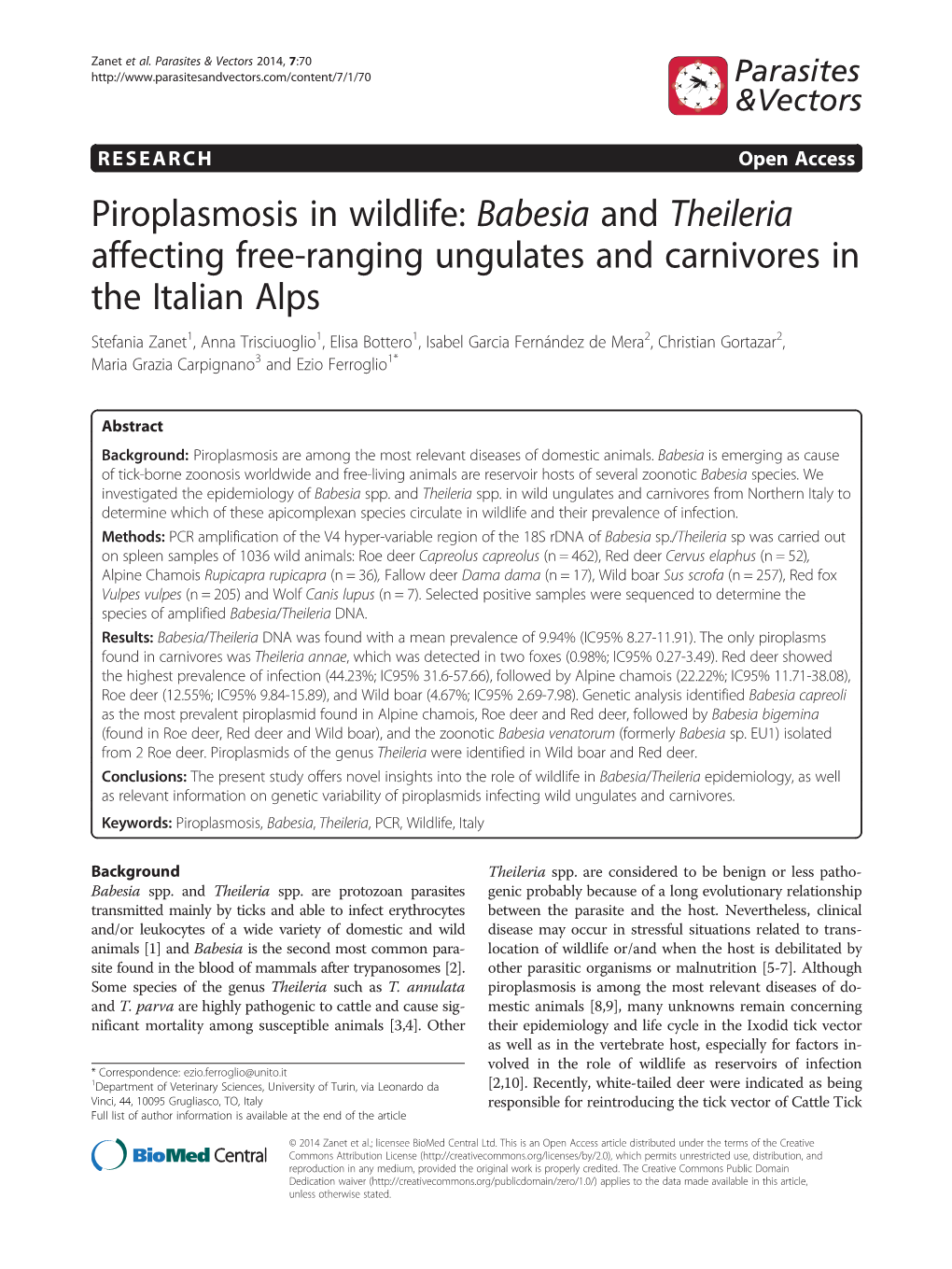 Piroplasmosis in Wildlife: Babesia and Theileria Affecting Free-Ranging