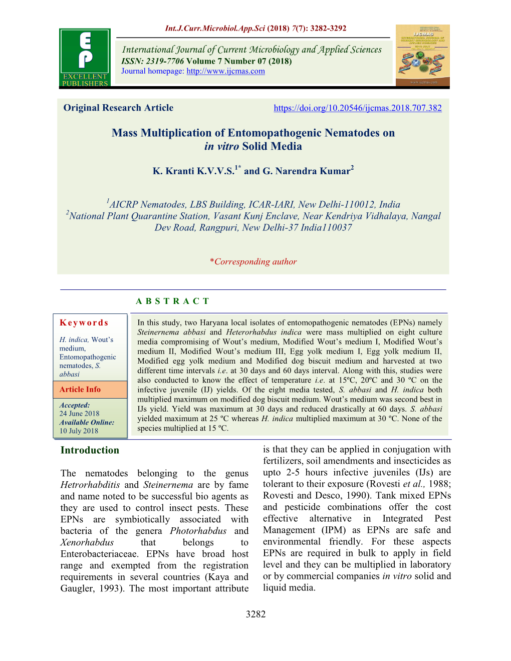 Mass Multiplication of Entomopathogenic Nematodes on in Vitro Solid Media