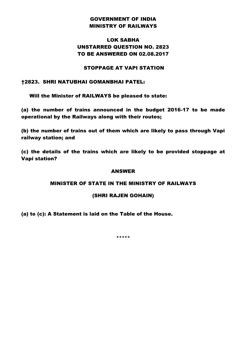 Government of India Ministry of Railways Lok Sabha