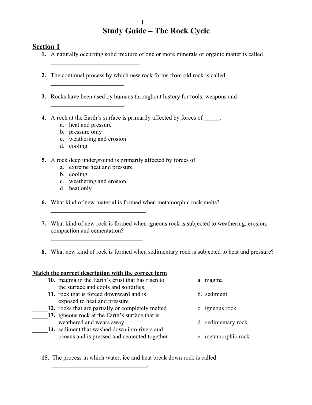 Study Guide the Rock Cycle