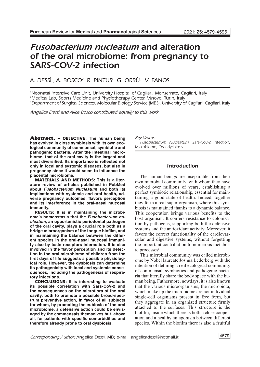 Fusobacterium Nucleatum and Alteration of the Oral Microbiome: from Pregnancy to SARS-COV-2 Infection