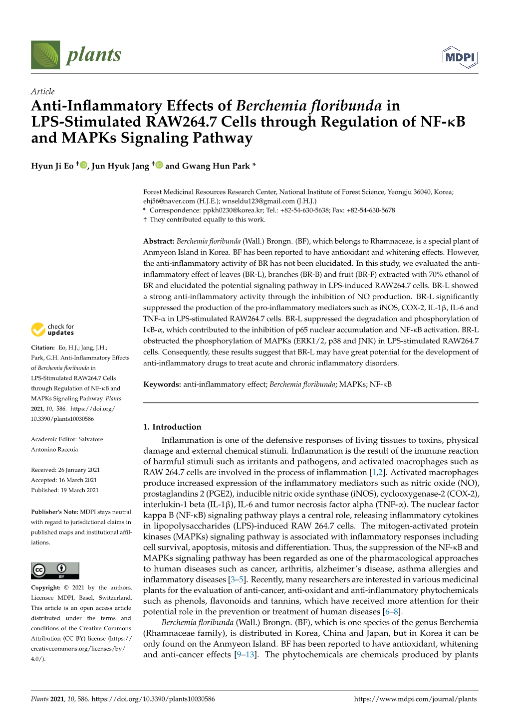 Anti-Inflammatory Effects of Berchemia Floribunda in LPS-Stimulated