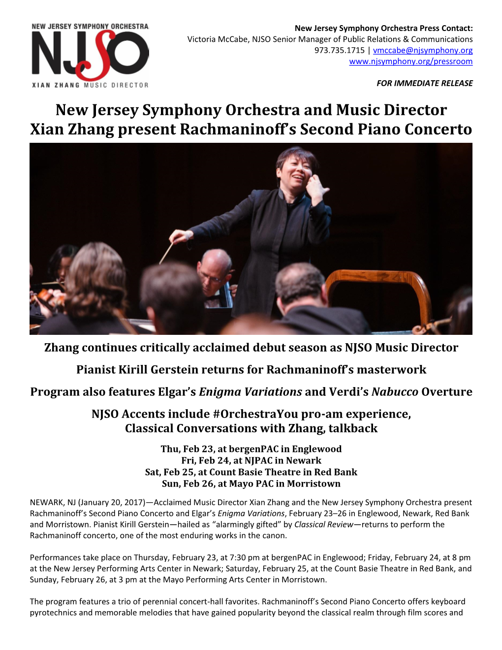 New Jersey Symphony Orchestra and Music Director Xian Zhang Present Rachmaninoff’S Second Piano Concerto