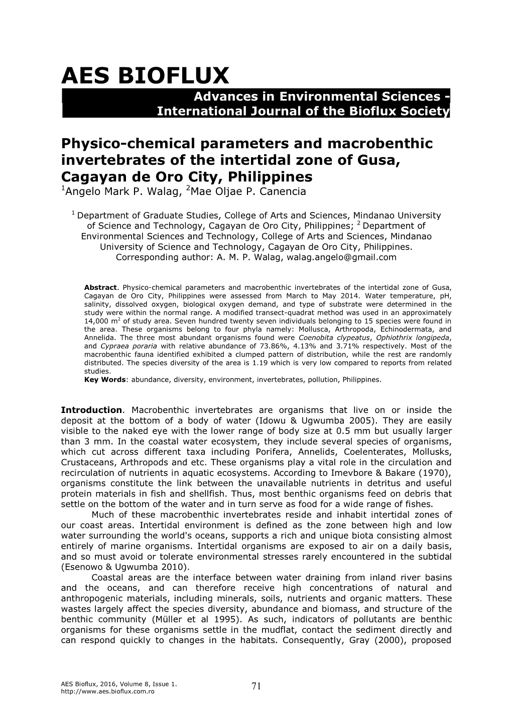 Walag A. M. P., Canencia M. O. P., 2016 Physico-Chemical Parameters and Macrobenthic Invertebrates of the Intertidal Zone of Gusa, Cagayan De Oro City, Philippines