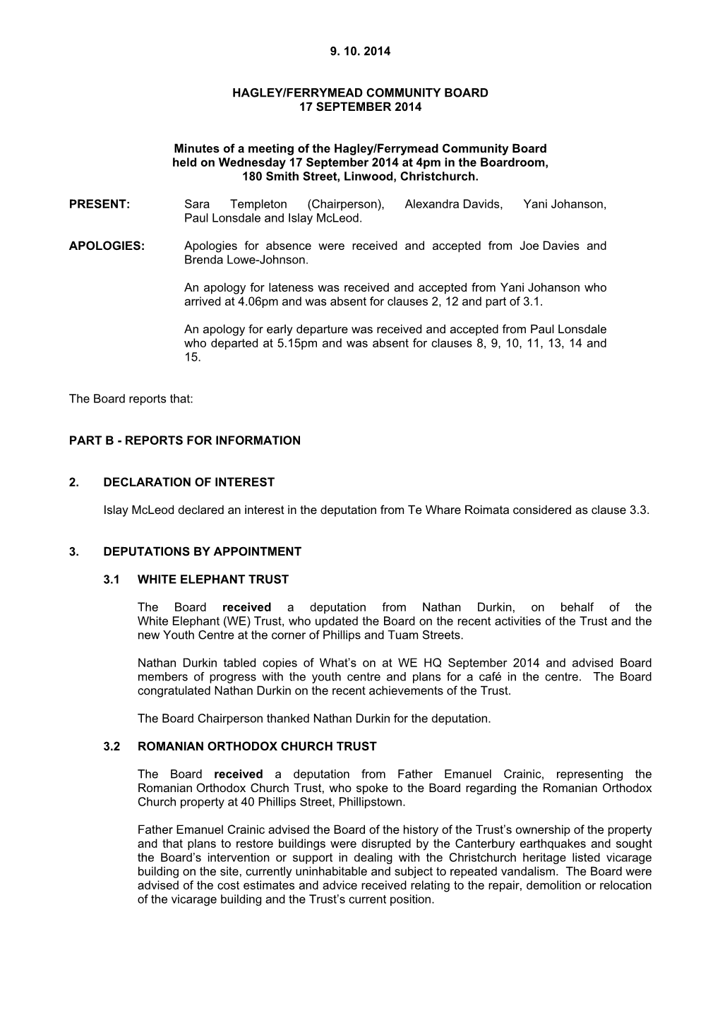 Hagley/Ferrymead Community Board 17 September 2014