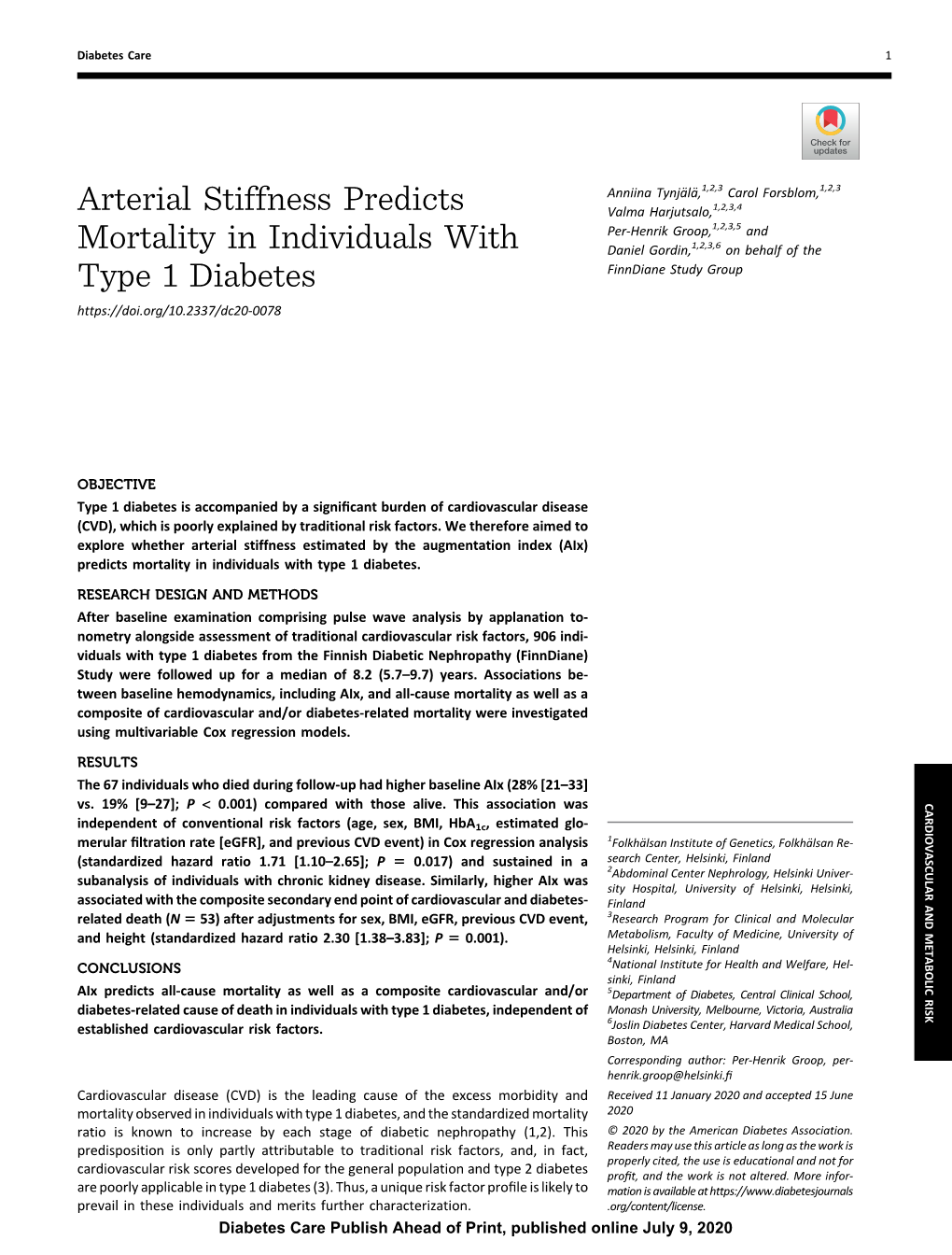 Arterial Stiffness Predicts Mortality in Individuals with Type 1 Diabetes