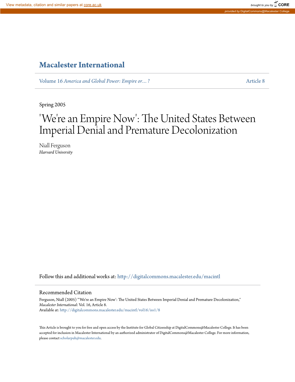 Re an Empire Now': the United States Between Imperial Denial and Premature Decolonization