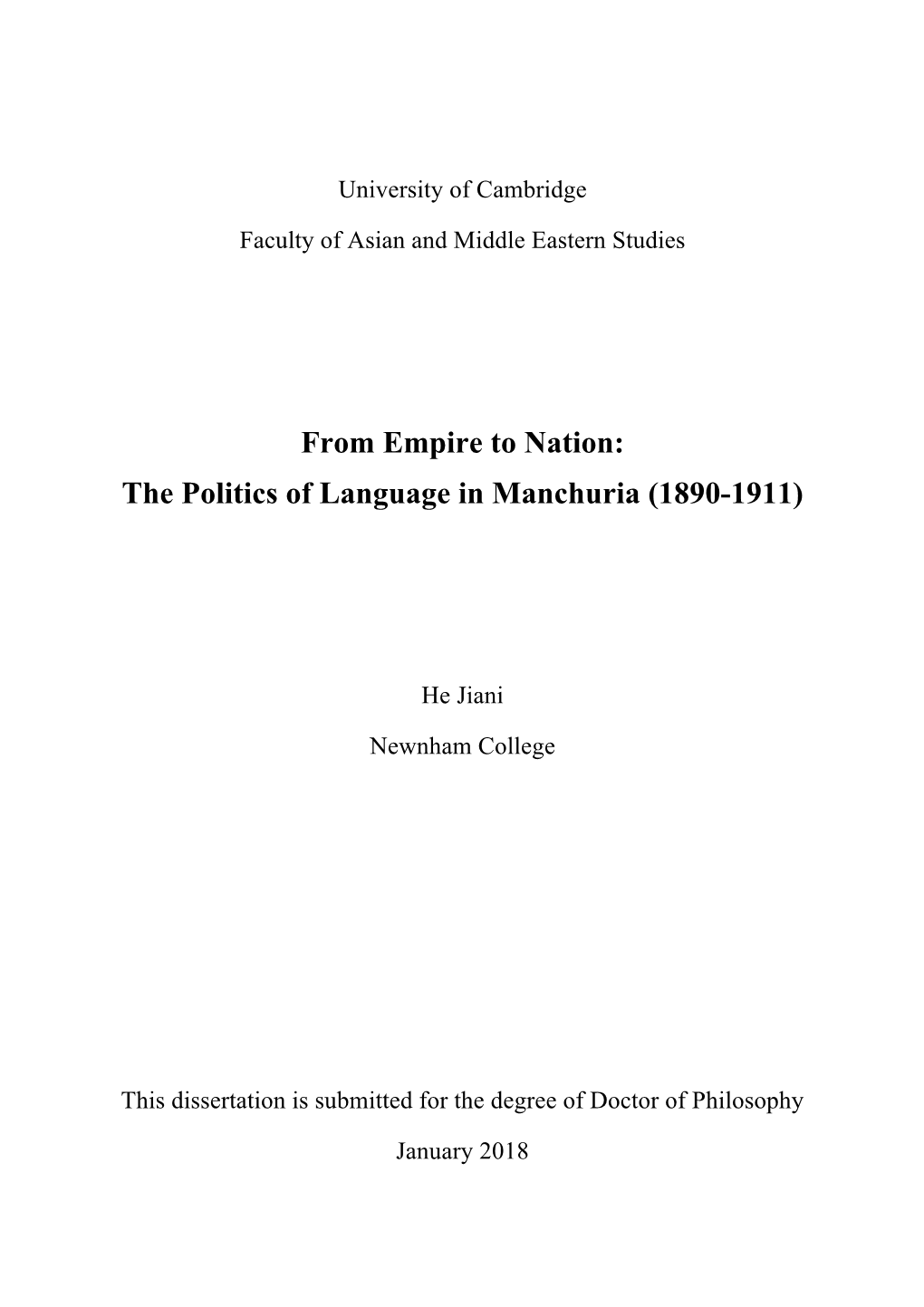 From Empire to Nation: the Politics of Language in Manchuria (1890-1911)