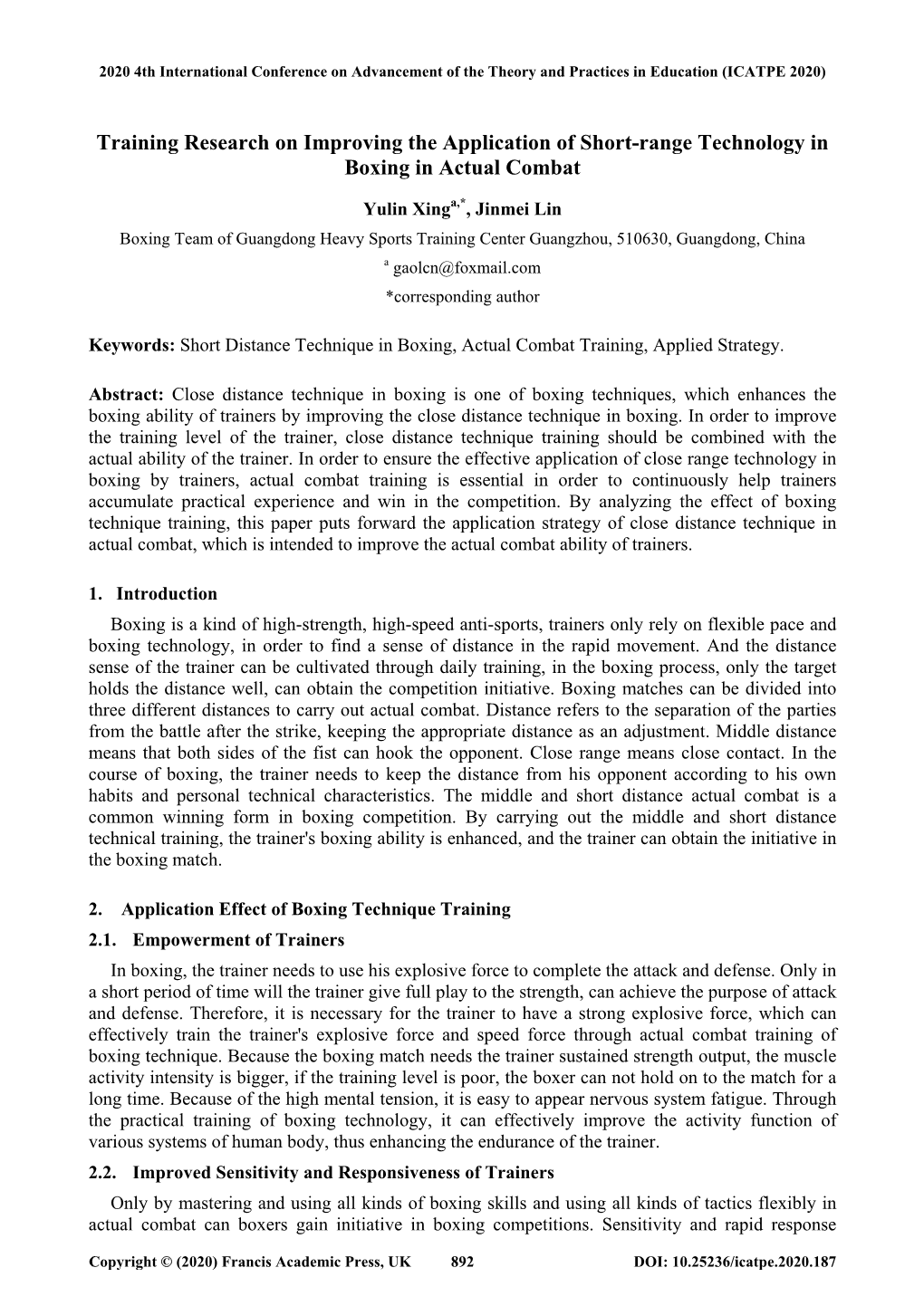 Training Research on Improving the Application of Short-Range Technology in Boxing in Actual Combat